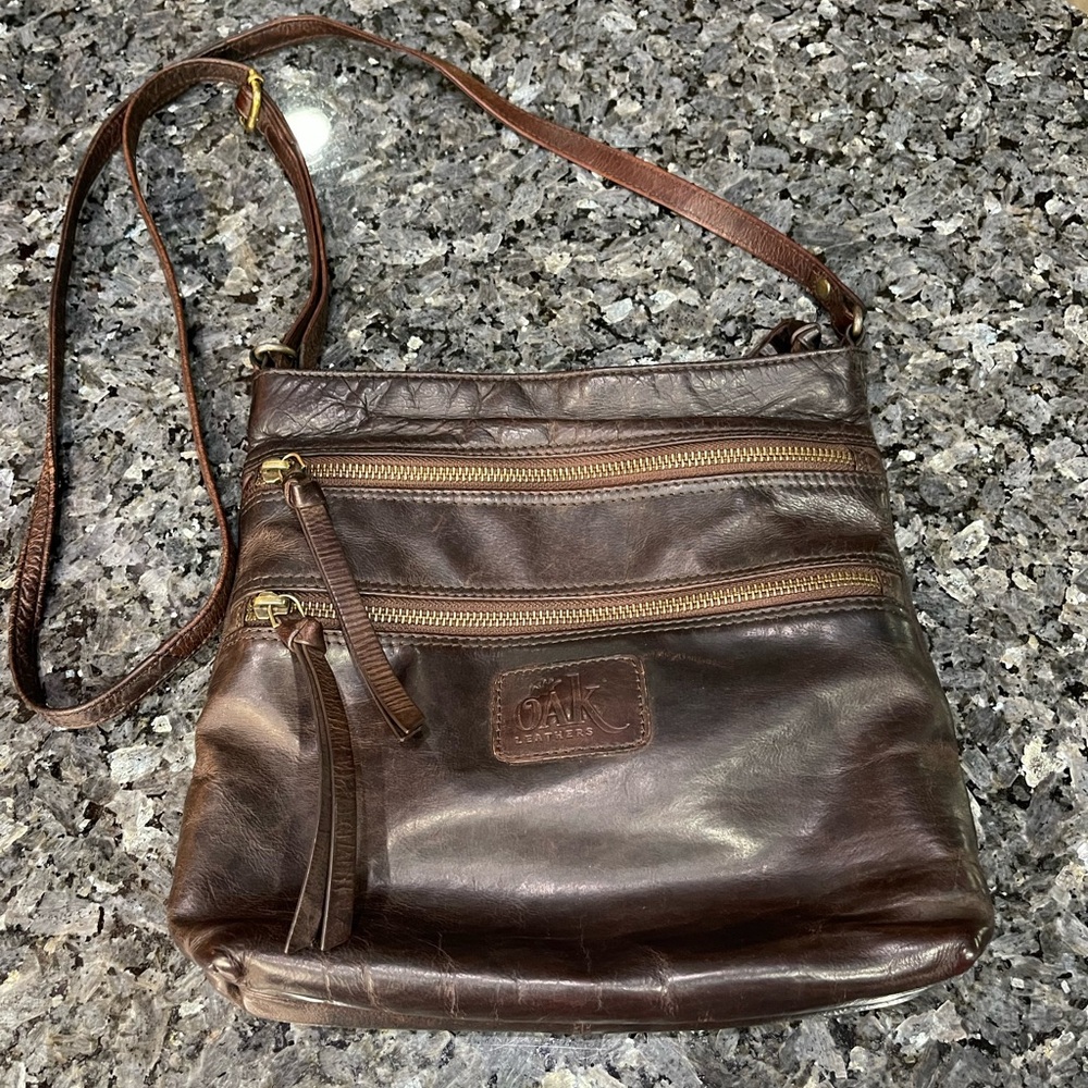 Oak Leathers Dark Brown Leather Crossbody Bag with Double Zip Front